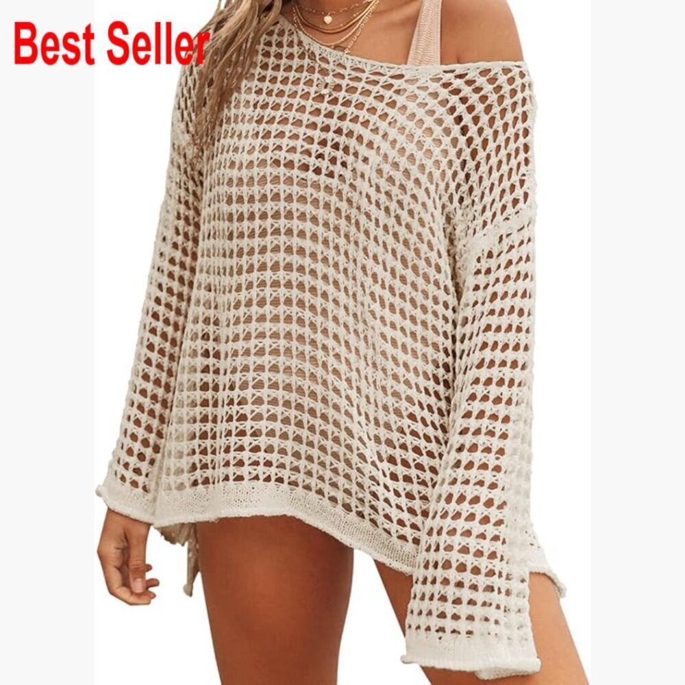 Long Sleeve Crochet Cover Up for Swimwear, 100% Polyester, Bohemian Style